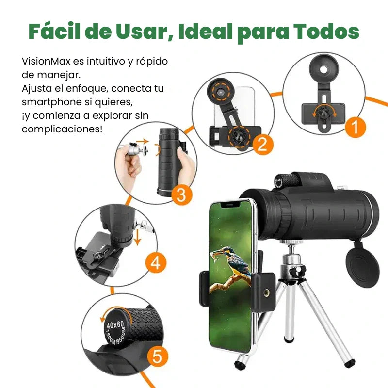 VisionMax™ - Telescopio Monocular de Prisma BAK4 + Tripé P/ Smartphone Gratis